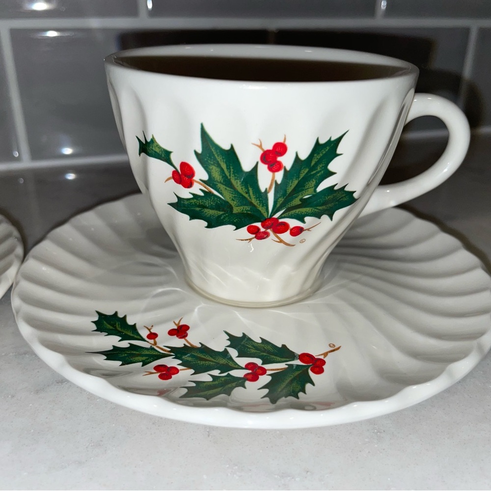 Pair of Vintage teacups and plates holly and berry